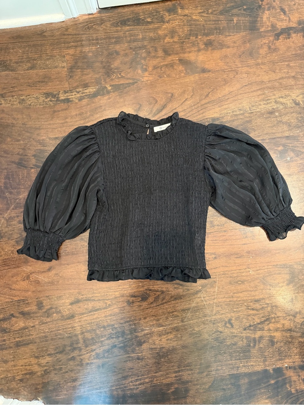 The Impeccable Pig Black Puff-Sleeve Smocked Blouse